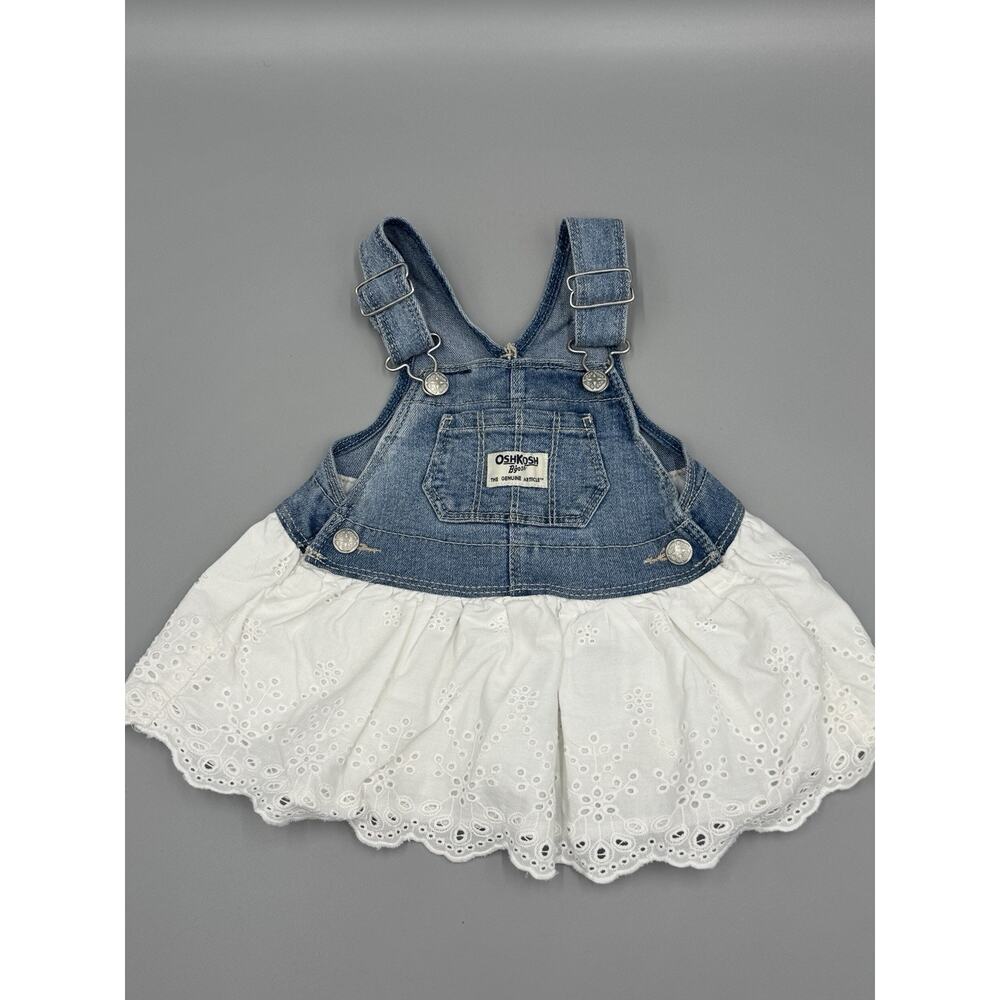 OshKosh B'gosh Baby Girl Denim Overall Dress Eyelet Skirt 6M